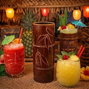 Vintage Tiki Mug Brown Bamboo Barrel Leaf Relief Ceramic Barware Polynesian MCM